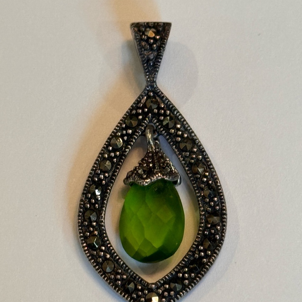 Elegant Green Teardrop Marcasite Pendant